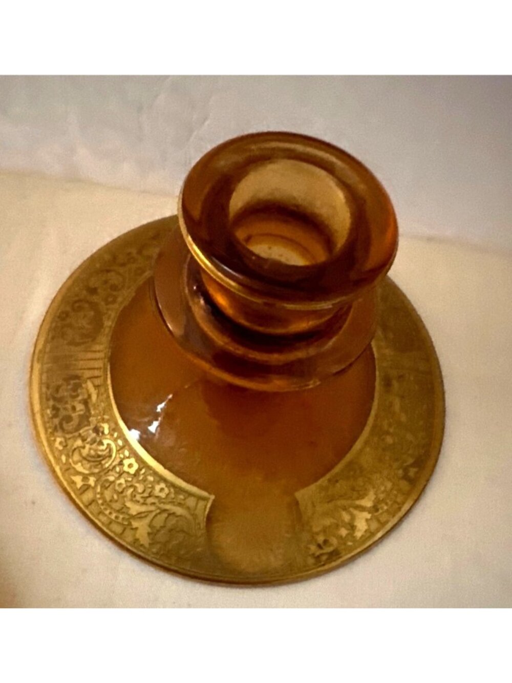 Amber Color Glass Console Bowl Candle Holders Etched Mid Century - Picture 3 of 12